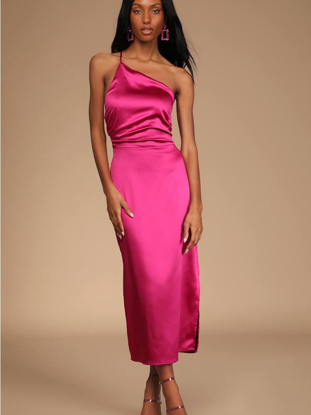 Lulu's Hot Pink One-Shoulder Asymmetrical Satin Midi Dress